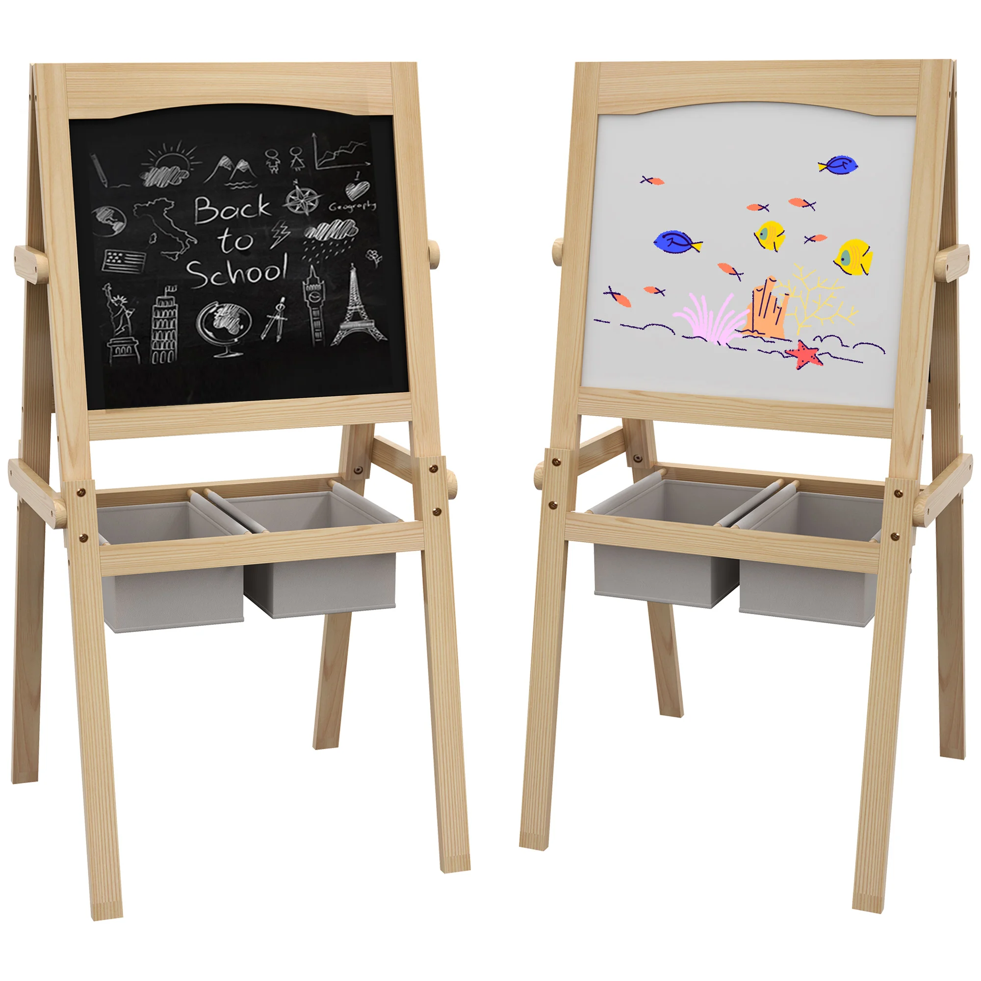 AIYAPLAY children's easel 3 in 1 chalkboard double-sided easel White slate wood trestle for drawing paper roll and 2 baskets 58x50,5x109 cm Natural