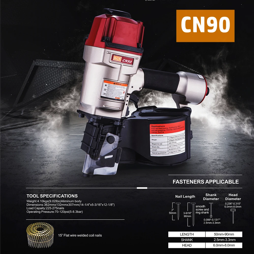CN90 CN90B เล็บนิวเมติก Rolling ปืนเล็บปืนยิงปืนไม้ถาดไม้กล่องไม้พาเลทไม้กรอบ Air Coil Nailer เล็บปืน