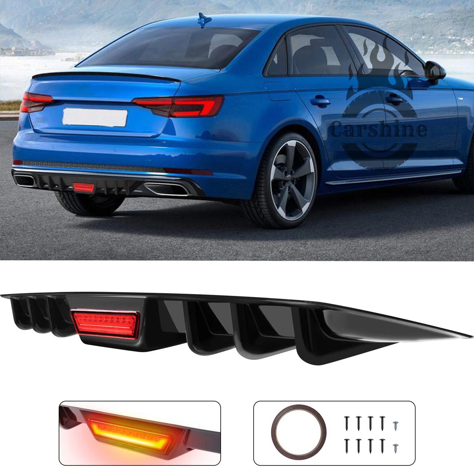 For Audi A4 2001-2010 Rear Bumper Diffuser Canard w/LED Tail Light Glossy Black