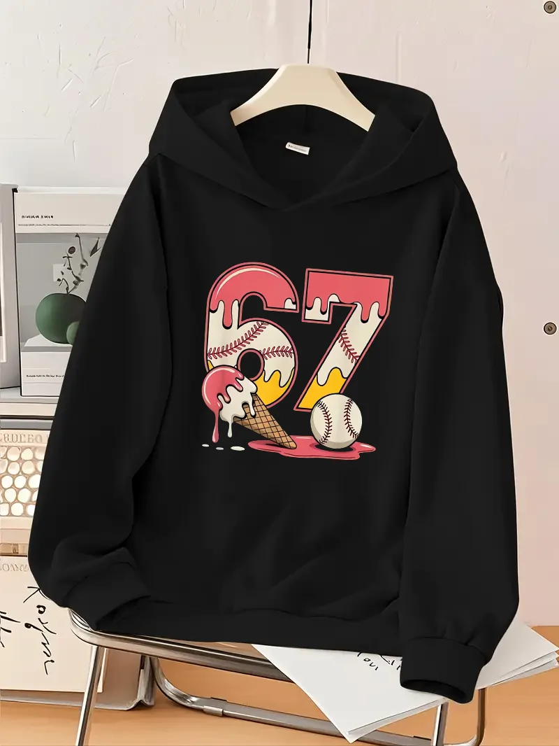 

Модная и забавная черная толстовка с капюшоном для мальчиков с принтом номер 67, бейсбольный элемент с мороженым, граффити, свободный и повседневный топ