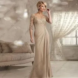 Customized Mother of The Groom Dresses Elegant Beaded Lace Champagne Plus Size Chiffon Half Sleeves Evening Dress