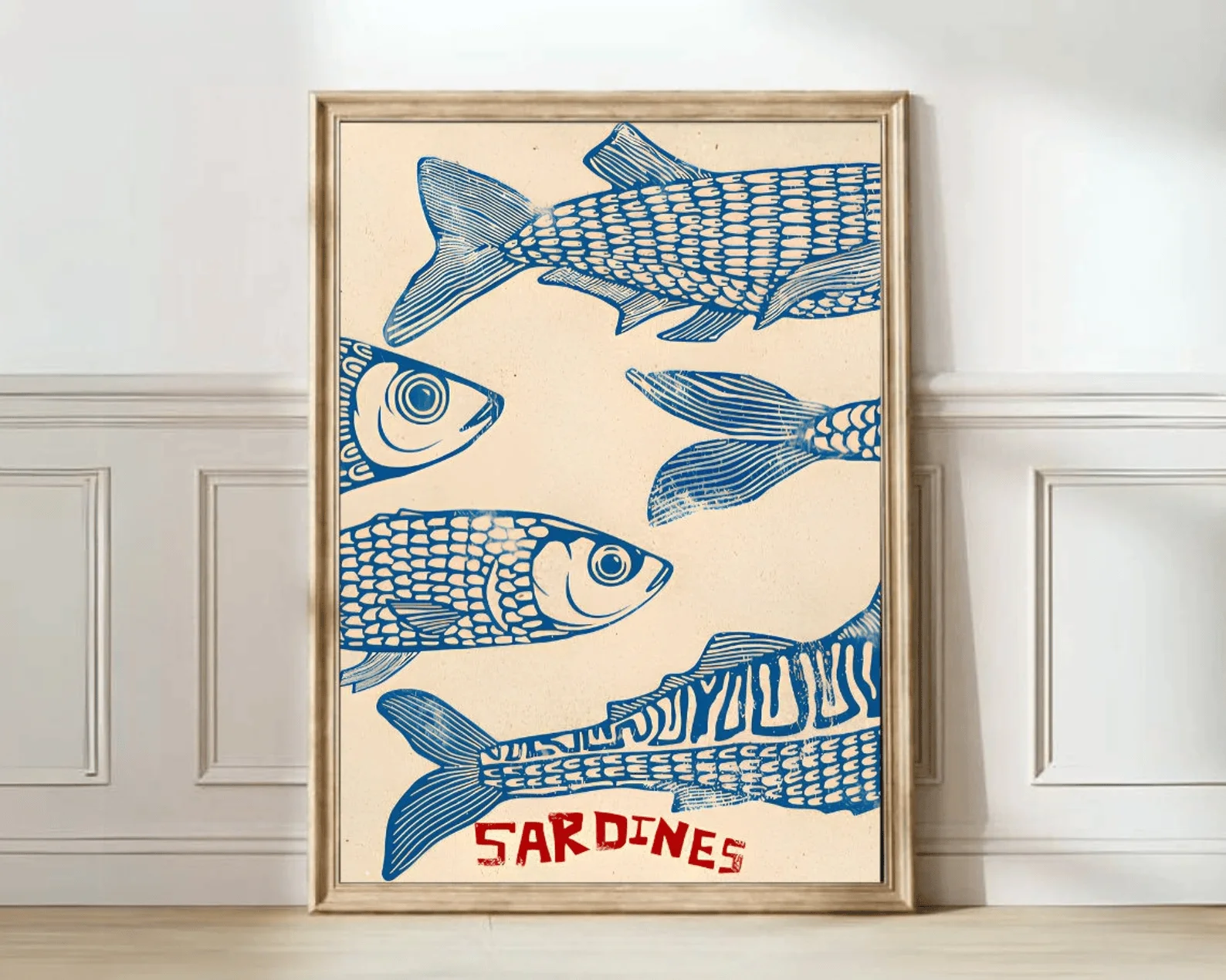 Sardinen-Druck, Sardinen-Dose, Vintage-Poster, Retro-Sardin-Wandkunst, Fischdruck, eklektische Wandkunst, bunte Küchenkunst, maximalistisches Po