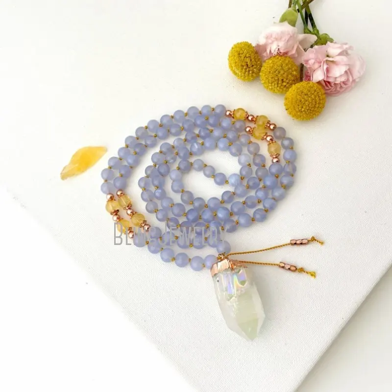 

MN43565 Goddess Mala Necklace With Blue Lace Agate Citrine Aura Quartz Beads 108 Prayer Yoga Gift For Her