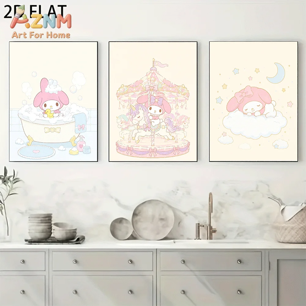 AZNM My Melody Canvas Wall Art Unframed Cute Cartoon Print Poster Carousel Bathtub Moon Cloud Star Kawaii Pastel Design for Girl
