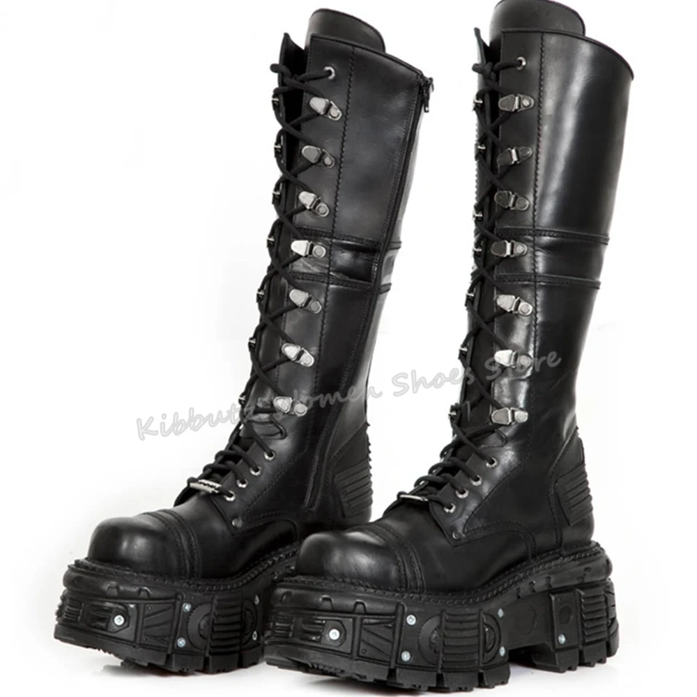 Rock Punk Lace-Up Motorcycle Boots Knee High Dark Style Thick Bottom Genuine Leather Solid Color Fashion Concise Women Shoes New