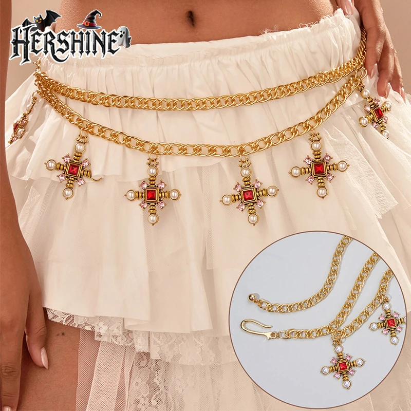 Hershine 1-piece Women's Gold Fashion Pearl Rhinestone Cross Waist Chain, Vintage Bohemian Style for Cosplay，spring，summer
