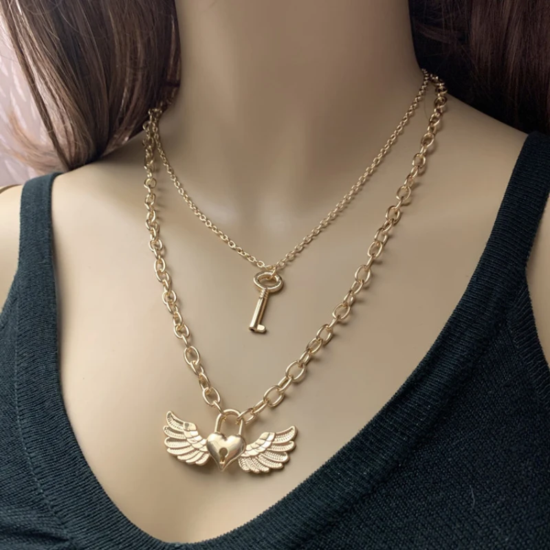 Temperament Choker Female Cross Chain Love Lock Shaped Wings Pendant Necklace Double Layer Fashion Street Beat Accessories