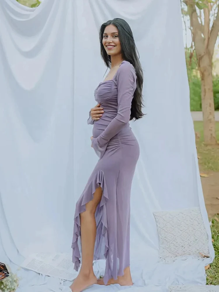 Maternity Photography Sheer Mesh Ruched Dress Pregnancy Photoshoot Outfit Square Neck Long Sleeve Maxi Gown for Pregnant Women