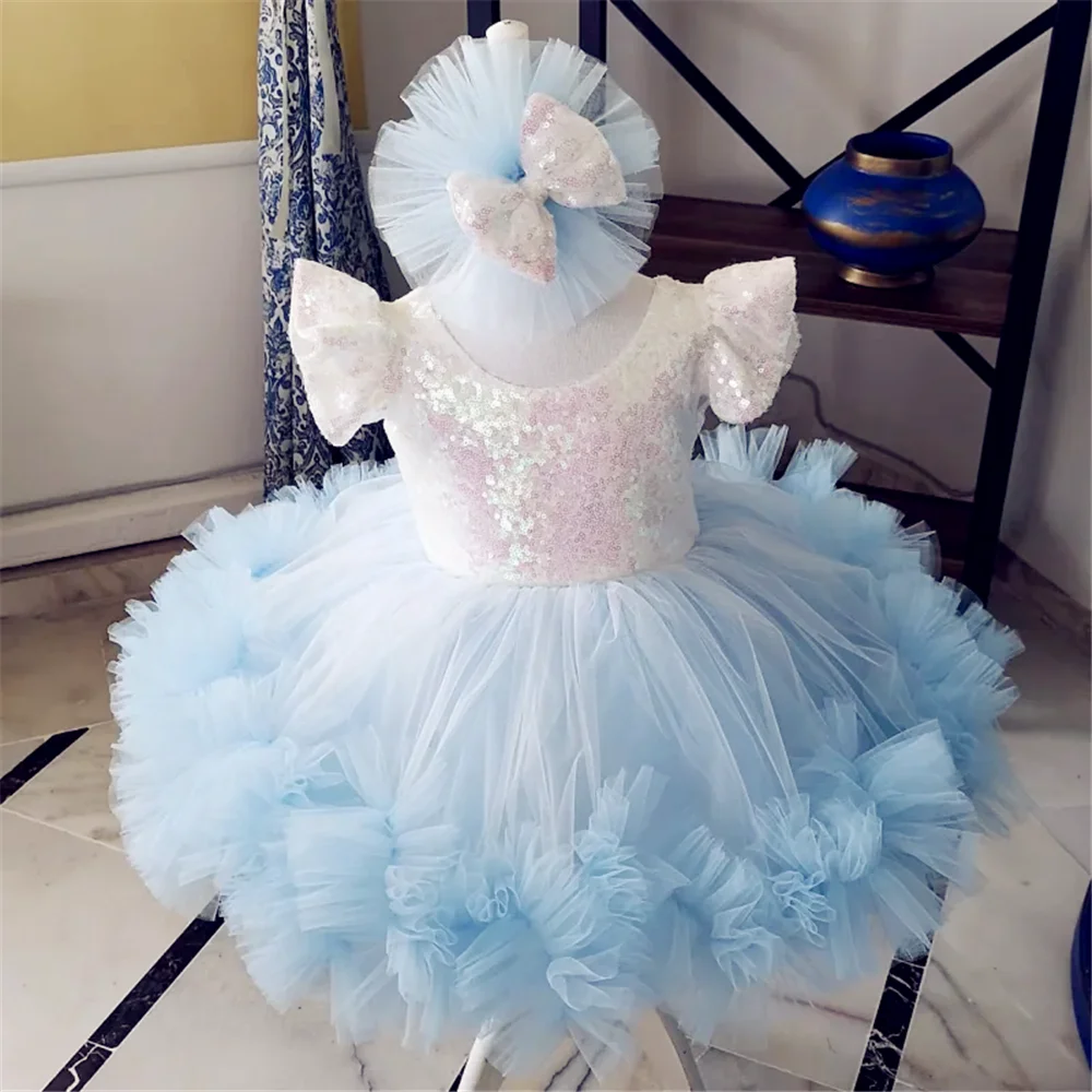 Blue Angel Flower Girl Dresses Tulle Sequin Bow Short Sleeve For Wedding Kids Birthday Gift Party Princess First Communion Gown