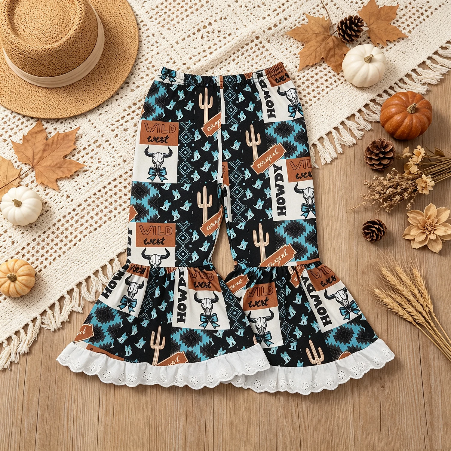 Wholesale Baby Girl Western Bows Cactus Trousers Children Clothes Kids Infant Bell Bottoms Pants Girls Toddler Clothing