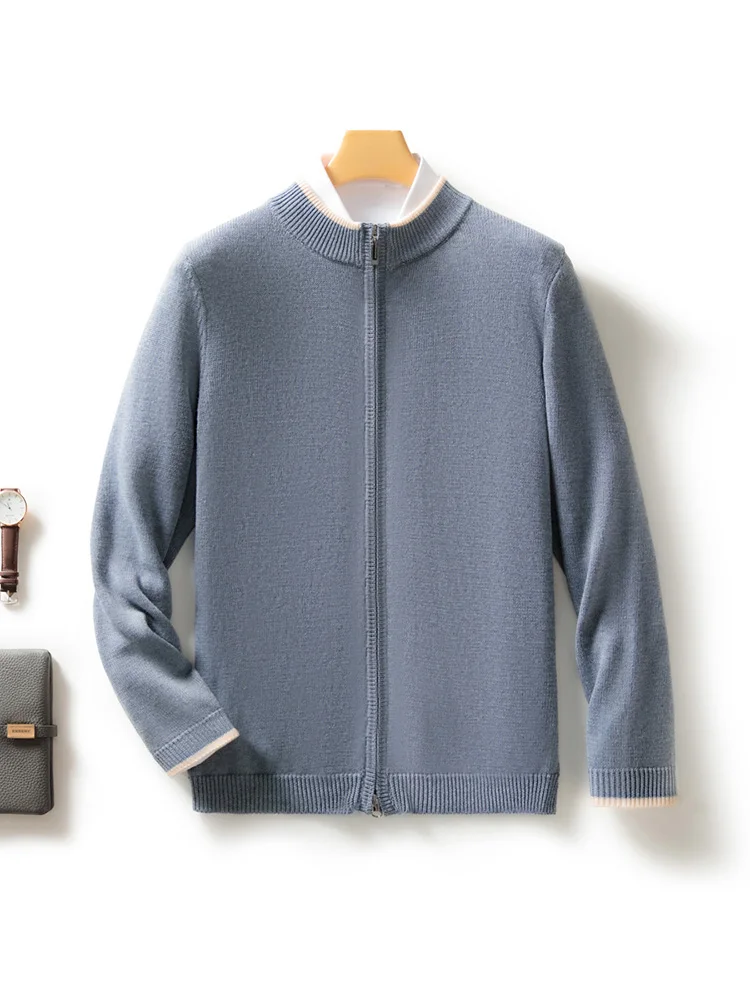 

Autumn Winter Men's Zipper Cardigan Mock Neck Smart Casual Sweater Coat Soft Warm Basic Clothes 30% Merino Wool Knitwear Tops