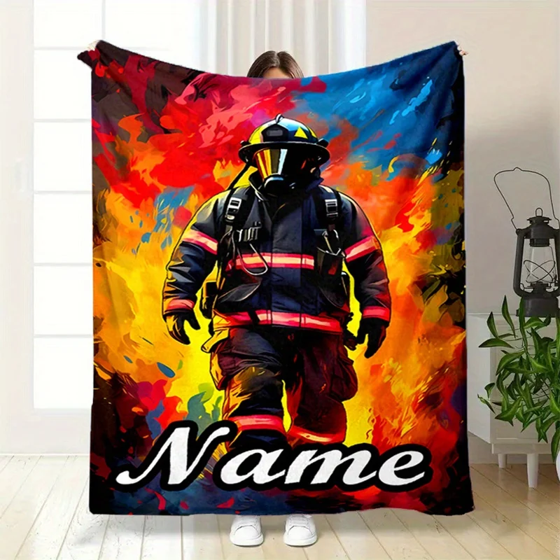 Personalized Firefighter Blanket Heroic Fireman Design Flame Background Soft Fleece Throw for Kids Teens Room Decor Birthday