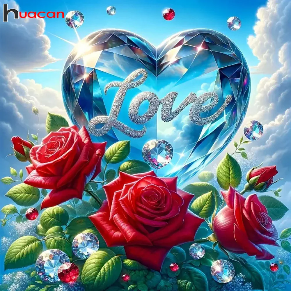 Huacan 5d Diamond Painting Heart Rose Full Diamond Embriodery Flower Art Wall Decoration For Home Valentine\'s Day Gift