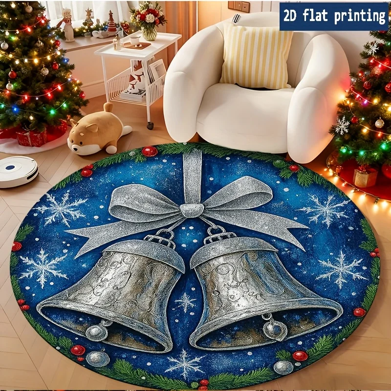 Cream Background Snow Pine Golden Snowflake Holly Border Round Rug Living Room Sofa Chair Bedroom Bedside rug Gift Non Slip Rug