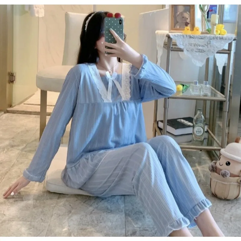 Camisón mujer estilo palaciego pantalones largos de manga larga pijamas de talla grande conjunto de dos piezas romántico mujer Color sólido ropa de dormir a rayas