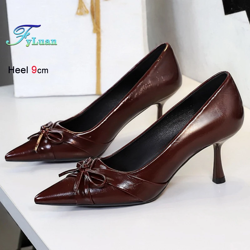 

Spring Autumn Wine Red Bowknot Women's Shoes Pointed Toe Thin High Heels 6.5cm Shallow Mouth Ladies Pumps Elegant Dress Shoes