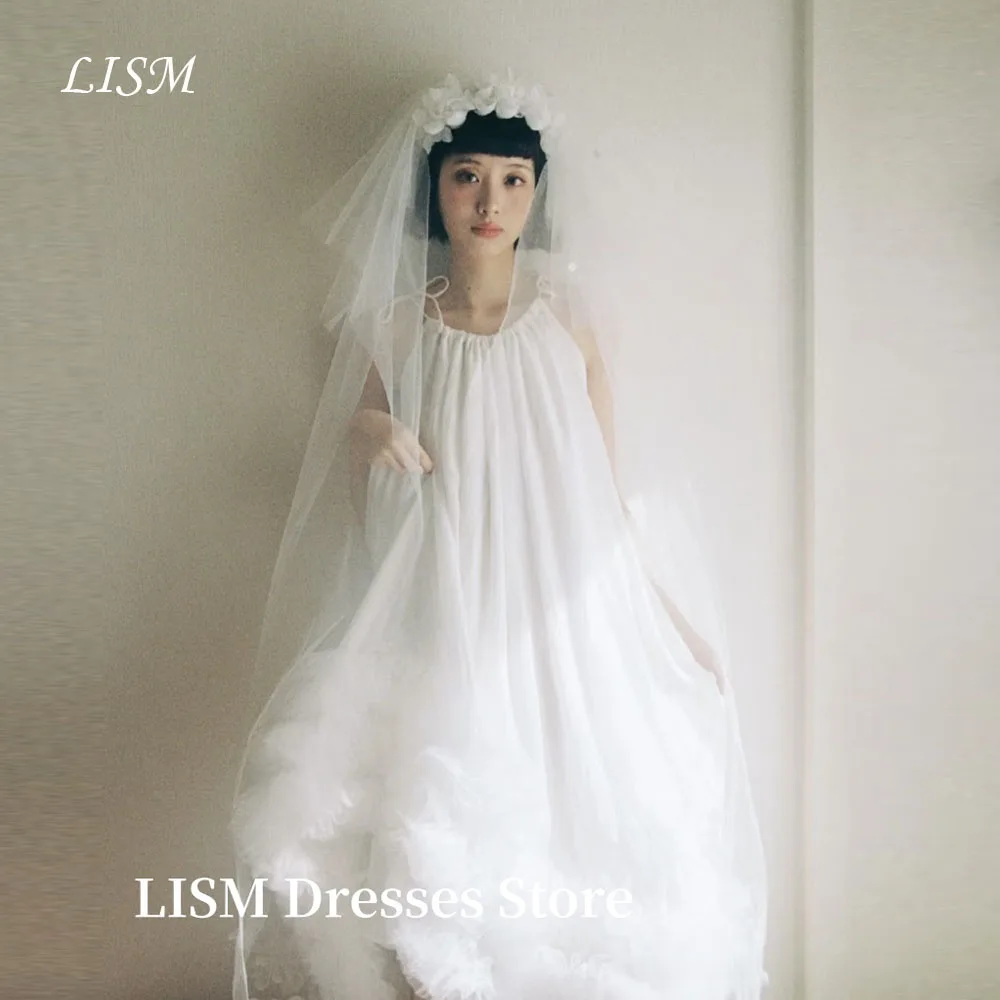 

LISM Simple Korea A-Line Wedding Dresses Photo Shoot Spaghetti Straps Silk Satin Ankle Length Bridal Gowns 웨딩드레스 Customized