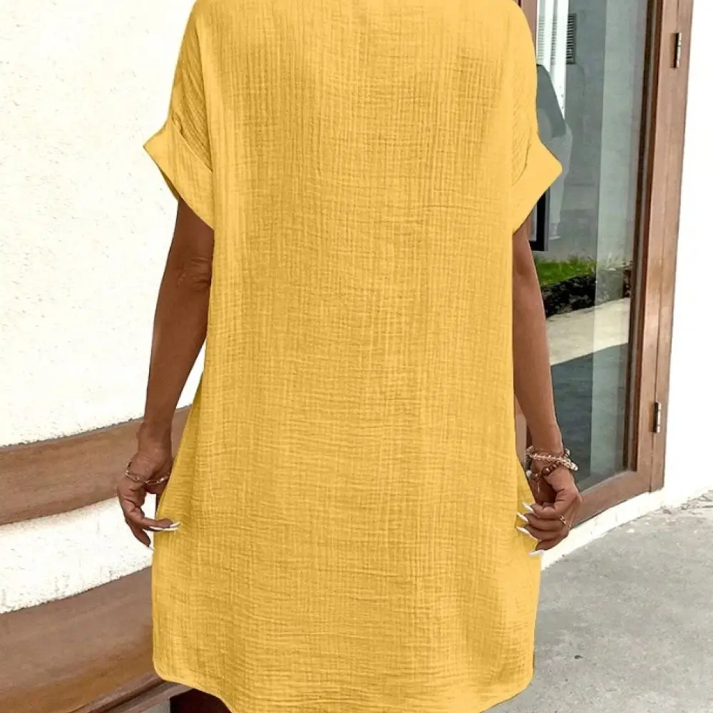 Summer Casual Ladies Dress Solid Color Button Down Mid Length Short Sleeve Loose Fit A Line Vintage Style Chic