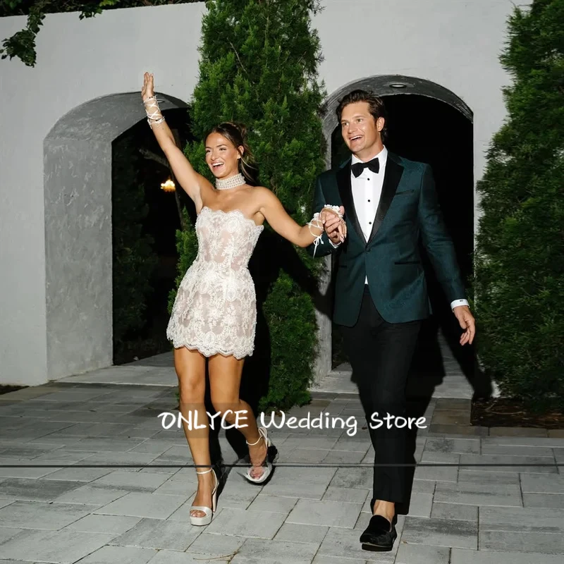 

Charming Lace A Line Wedding Dress Strapless Short Prom Gown For Eveneing Party Customized Formal Party vestido de novia boda