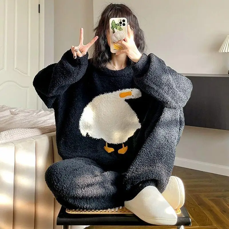 

Женский пижамный комплект, зимняя домашняя одежда для девочек, полуфлисовые пижамы, новые брюки с длинными рукавами, плотная фланелевая домашняя одежда, комплекты брюк, теплые