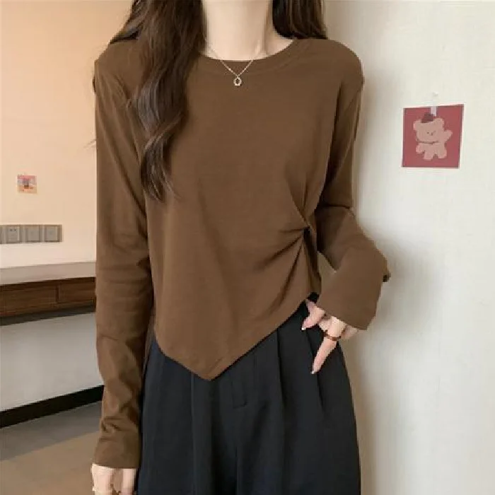 Pleated Irregular Long Sleeve T-shirts Women Korean Fashion Y2K Vintage Tops Slim Winter Tees Shirts Cheap Clothes Woman Tshirts