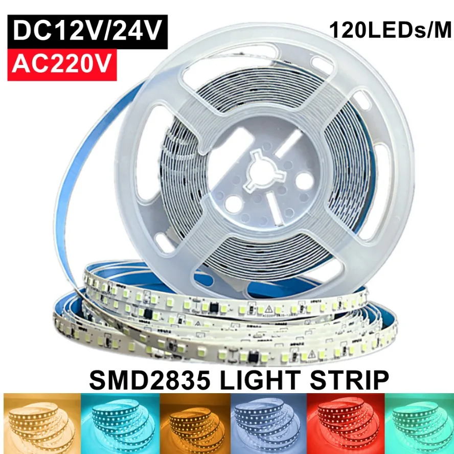 12V 24V 220V 10m 5m SMD2835 LED Strip Home Lamp Strip Decor Colorful Flexible Lamp Bar TV Background Home Decoration 120LEDs/m