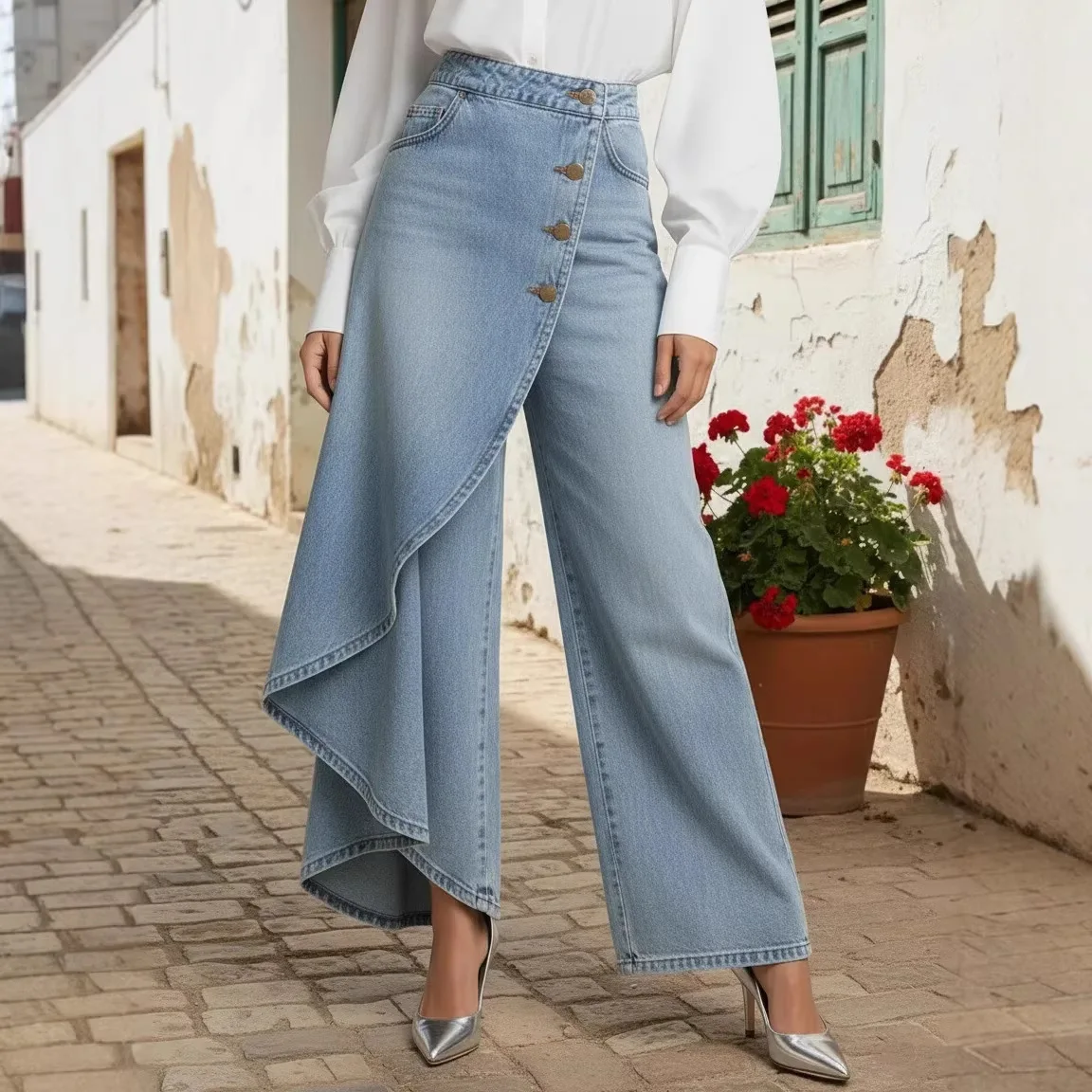 

Casual Pure Color Women's Jeans Skirt Pants Asymmetrical Design Loose Fit Faionable Bla Polyester Fiber l Waist