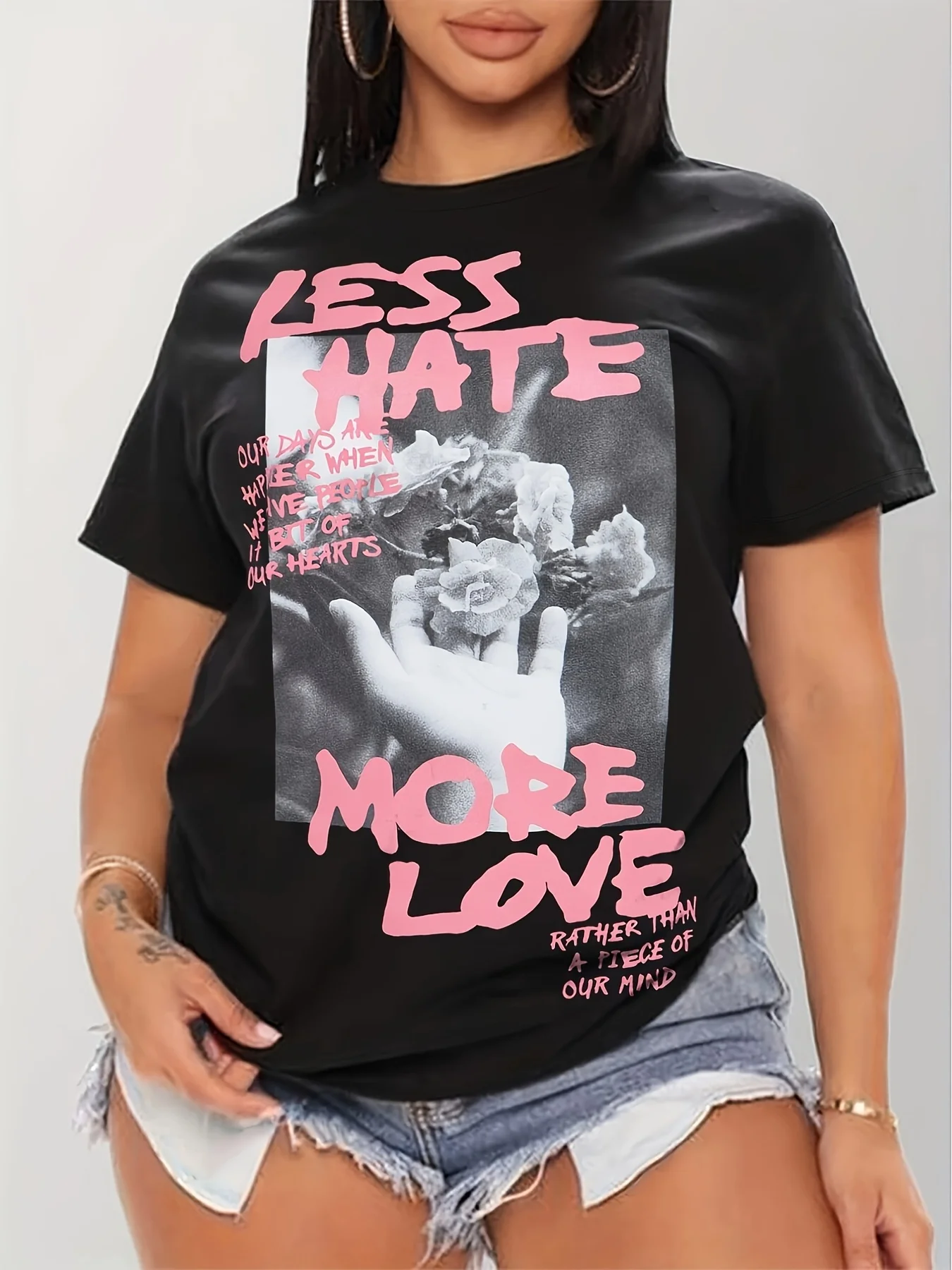 Less Hate More Love Women's Tee - Floral Anti-Hate Graphic, Casual Positive Top