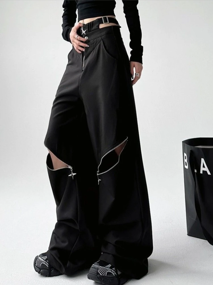 Qweek schwarze Baggy Pants Frauen Gothic Y2k Vintage Reiß verschluss hohe Taille Patchwork Cargo hose Streetwear Punk übergroße Hose