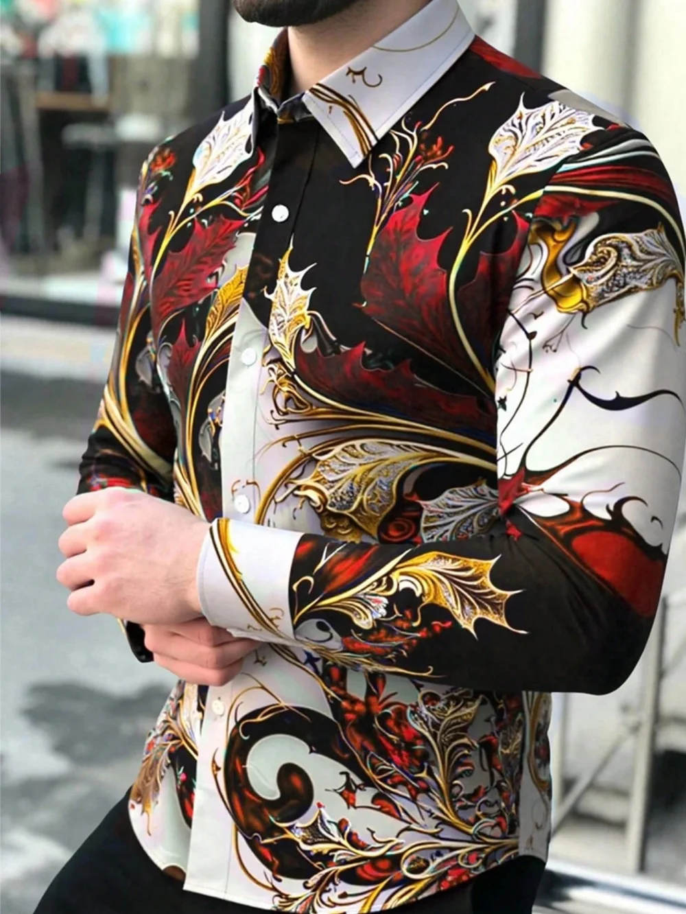 

Men's plus Size Floral Pattern Printed Shirt Long Sleeved Lapel Button Loose Fit High-Quality Business Casual Fashion