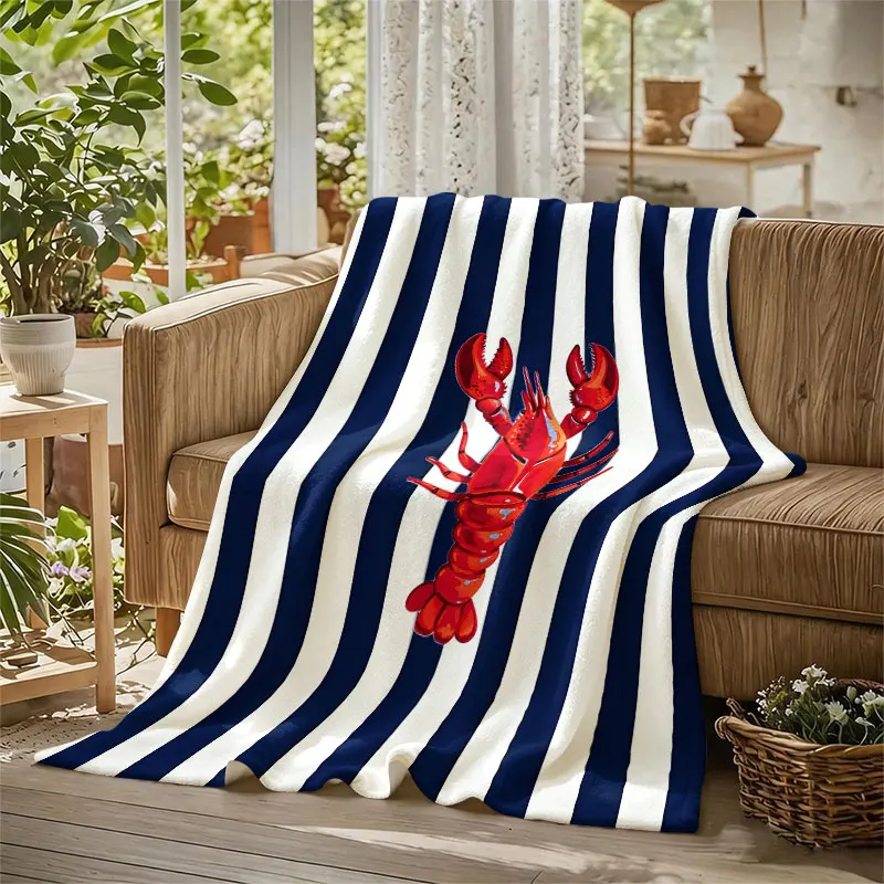 Striped Lobster Flannel Blanket Warm Soft Halloween Christmas Decorative Couch Warm Cozy All-Season Gift