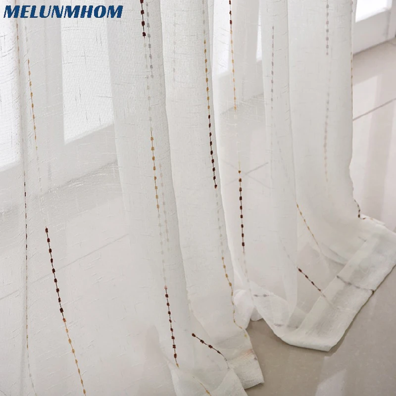 Vertical Stripe Window Screen White Curtains for Bedroom Linen Tulle Sheer Curtains for Living Room Door Drape Yarn for Kitchen