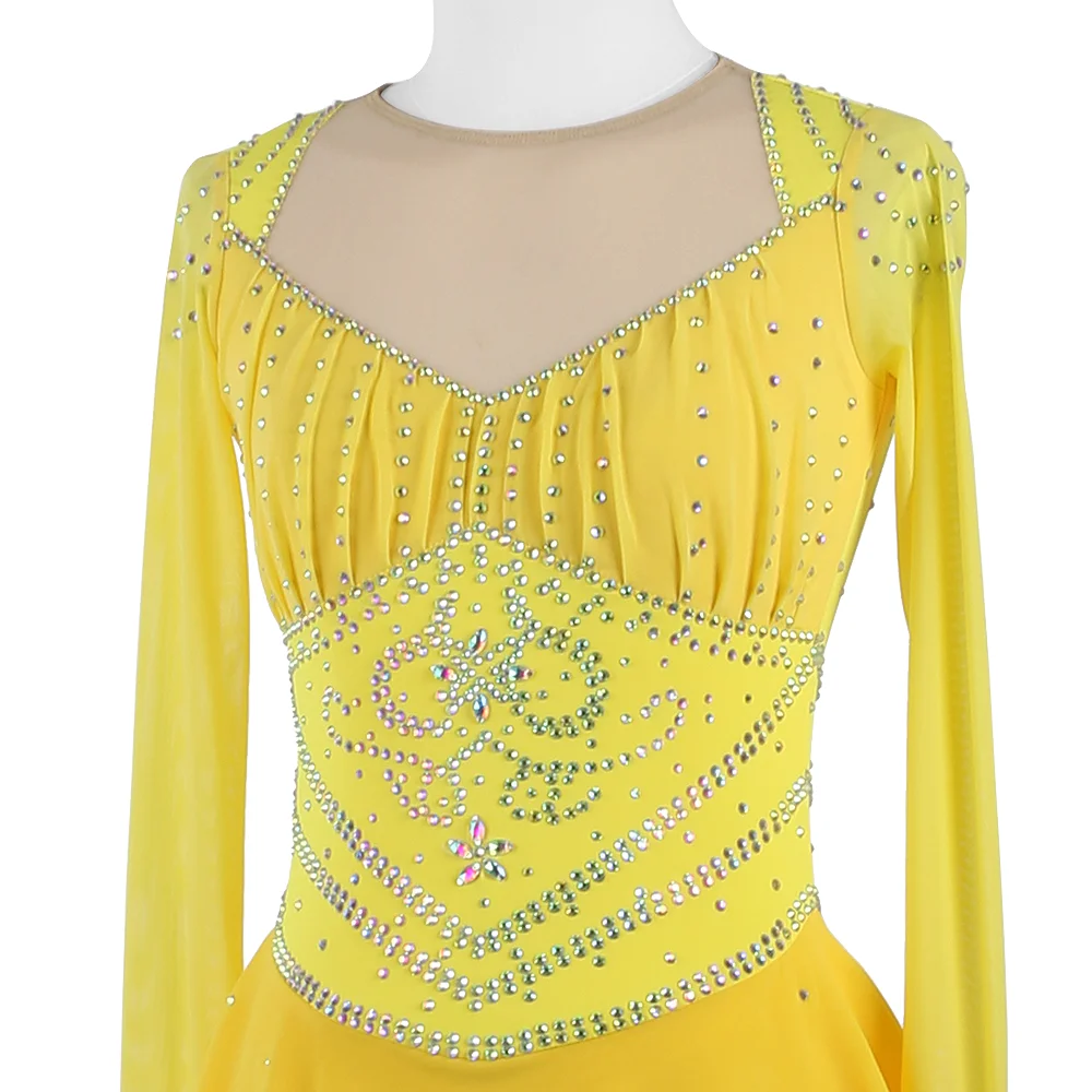 Zagitova Figure Skating Dress Women Girls Ice Skating Mesh Skirt Performance Competition Yellow