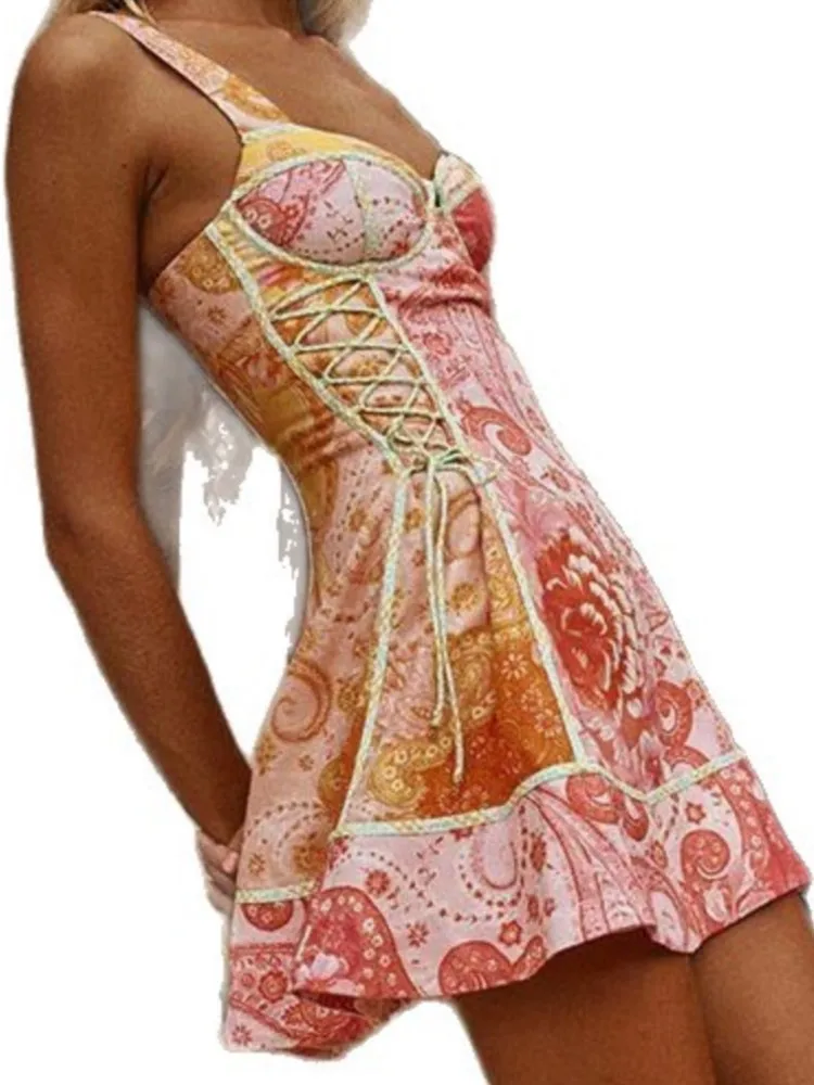 Summer Beach Vacation Bandage Short Dress Sexy Backless Pleat Cocktail Party Dress Fashion Print Sleeveless Halter Mini Dresses view 6