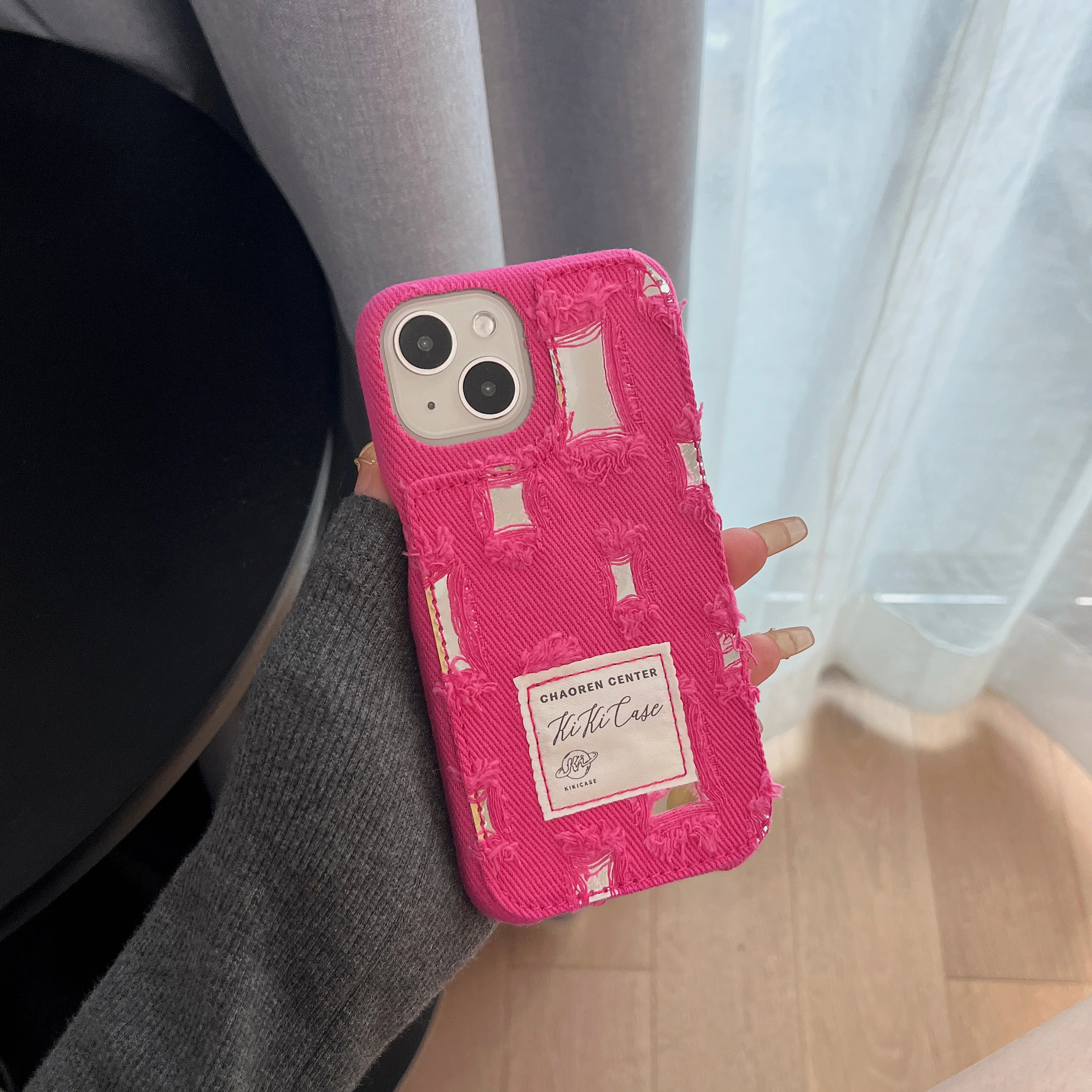 Korean INS Ragged Denim Cloth Mirror Rose Pink Chic Case for iPhone 15 14 13 Pro Max Back Phone Cover for 12 11 Pro Max Capa