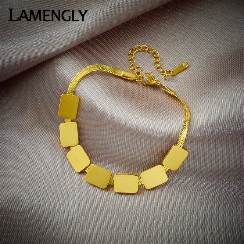 LAMENGLY 316L Stainless Steel Gold Color Geometric Square Charm Bracelet For Women Fashion Girls Wrist Jewelry Birthday Gifts