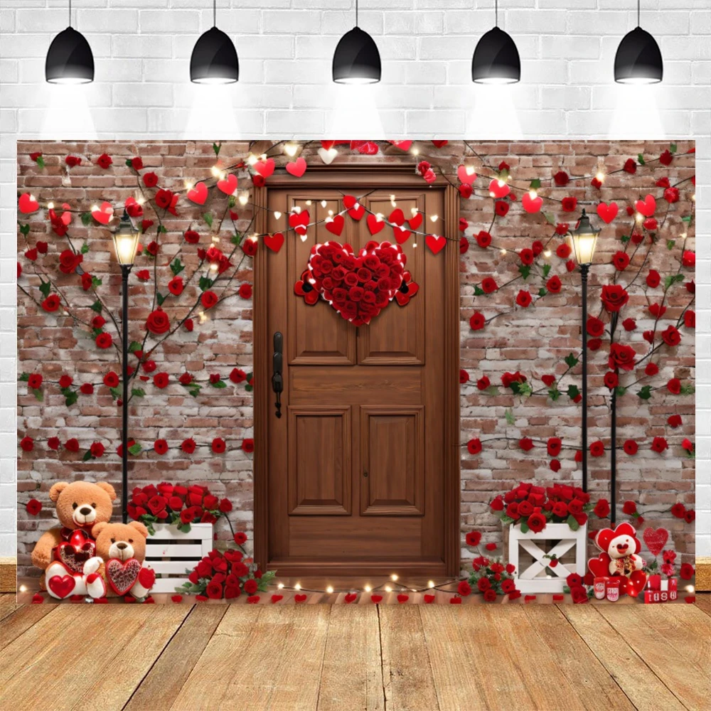 Valentine's Day Photography Background Brick Wall Gifts Toy Bear Red Love Heart Rose Flower Proposal Photo Backdrop Photostudio