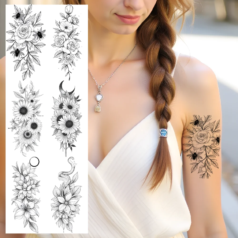

9pcs Temporary Tattoo Rose Line Art Lotus Sunflower Waterproof Long-lasting Body Stickers Geometric Shapes For Back Thighs