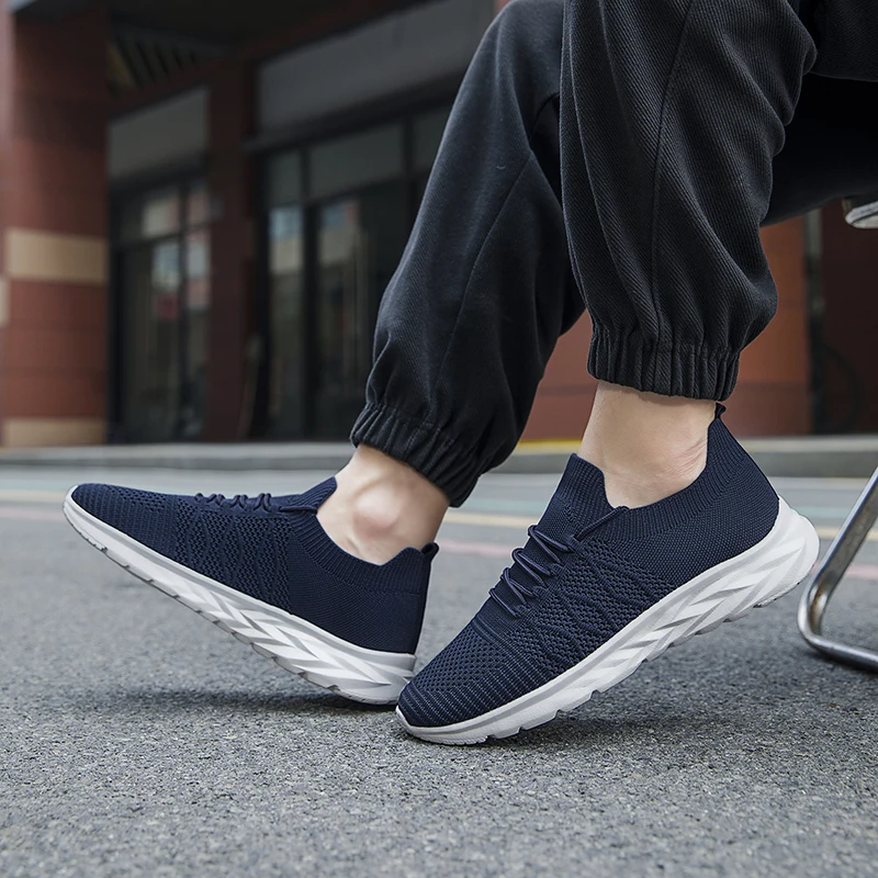 Men's Mesh Knit Walking Shoes, No-Tie Elastic Slip-On Sneakers, Breathable Lightweight Casual Athletic Shoes