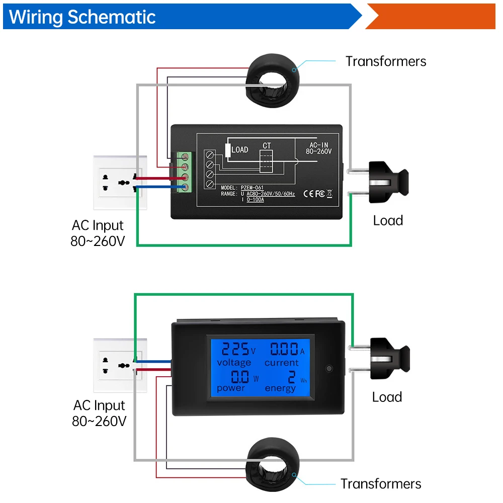 Imagem -02 - Digital Lcd Display Voltímetro Amperímetro Wattmeter Power Energy Meter Volt Tester Bobina ct ac 80260v 110v 220v 32a 63a