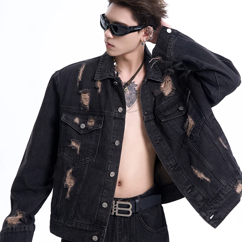 FEWQ Men\'s Shoulder Pad Denim Jacket Autumn Vintage Turn-down Collar Long Sleeve Single Breast 2024 Male Sets Fashion 24E2186