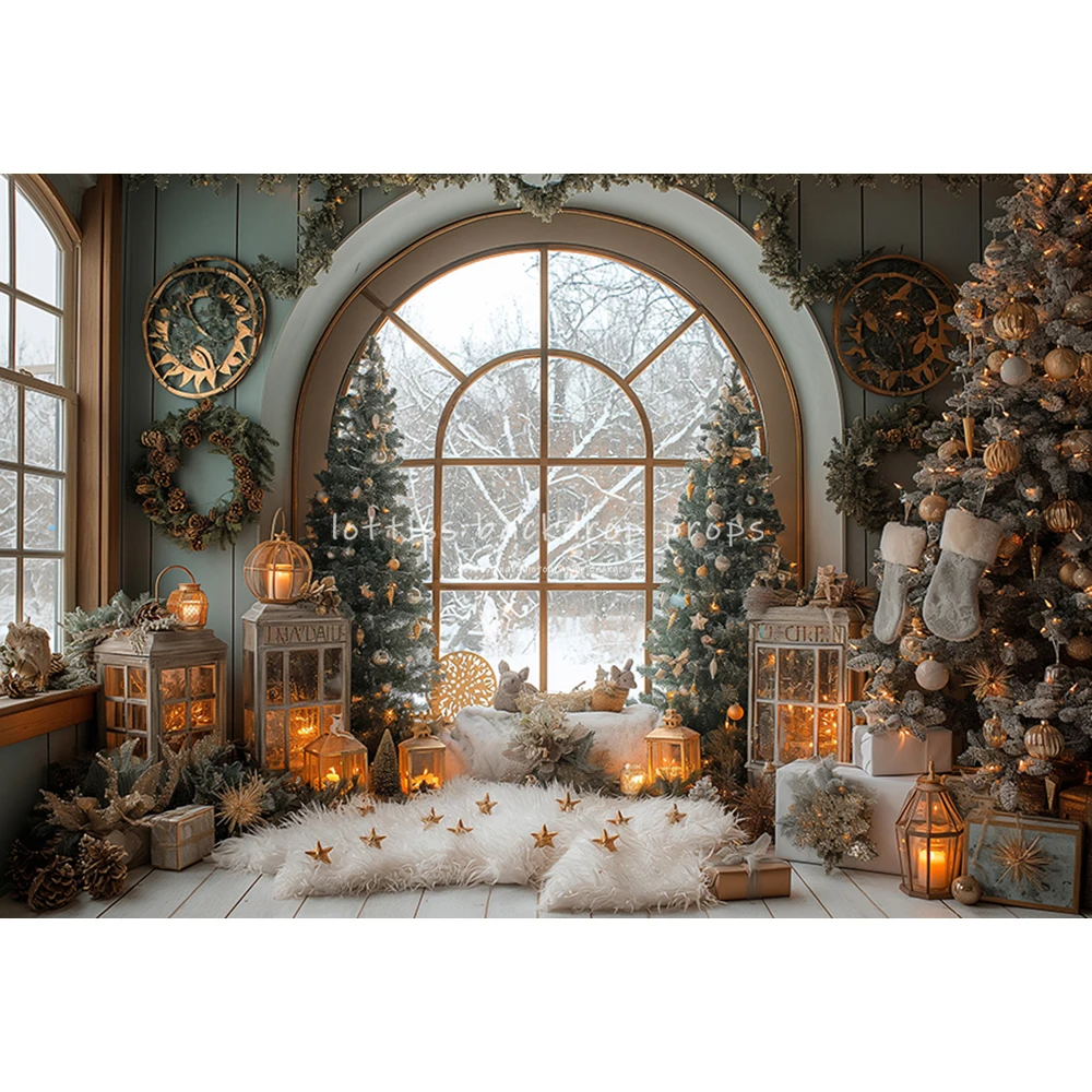 Xmas Arch Windows Backdrops Kids Family Photography Child Santa Christmas Wall Xmas Wreath Classic House Snowy Backgrounds