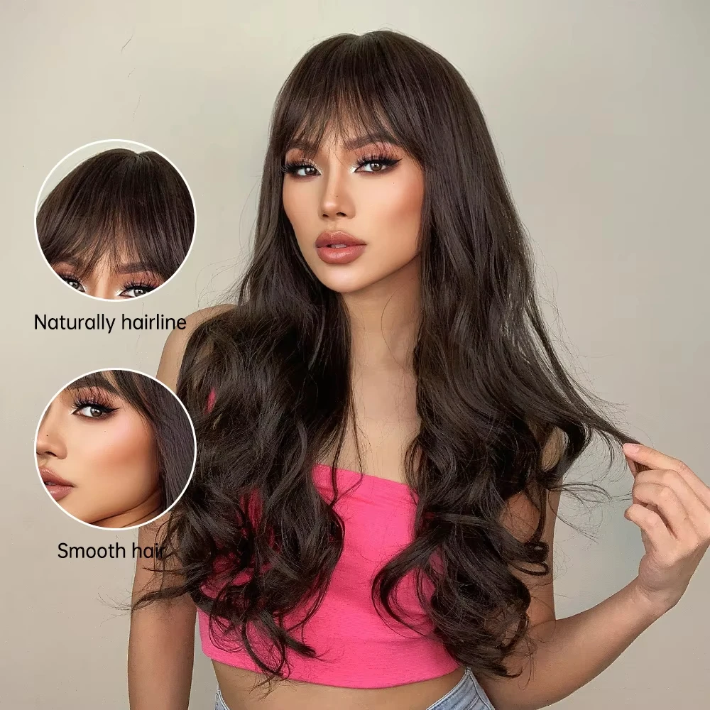 Dark Brown Long Curly Hair Synthetic Wig with Fringe. Halloween Party Cosplay Wig, Everyday Wig, Hot Wire Wig Set.