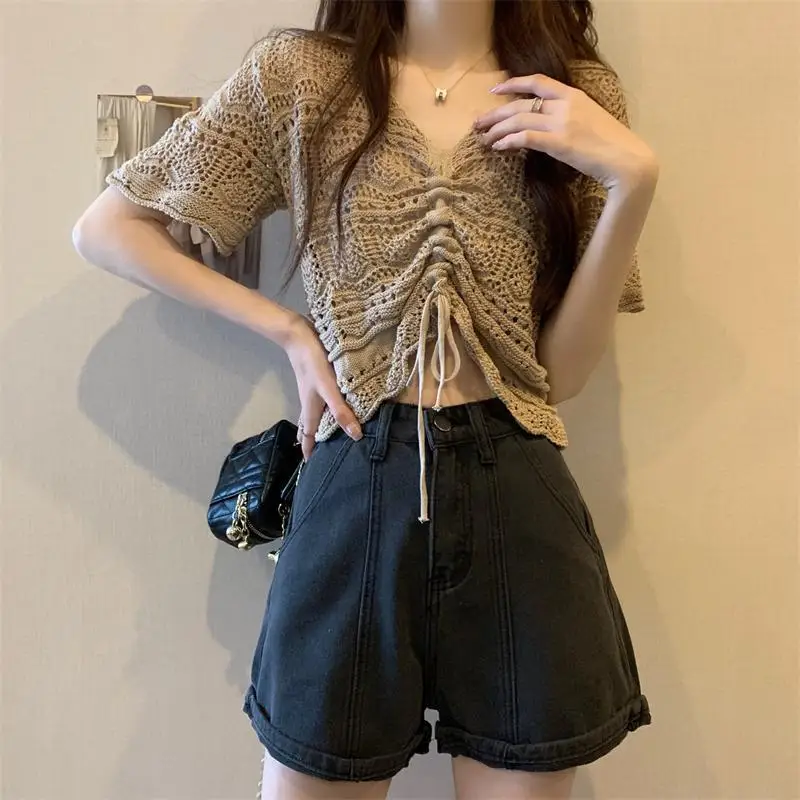 Hollow Out Pullovers Women Trendy Summer Casual Pure Chic Lady Korean Style Crops Basic Short Sleeve Simple Harajuku Knitwear