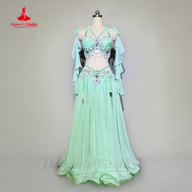 Belly Dance Performance Costume Suit for Women Children Customsized Bra+long Skirt+sleeves 4pcs Oriental Belly Dancing Wear Suit