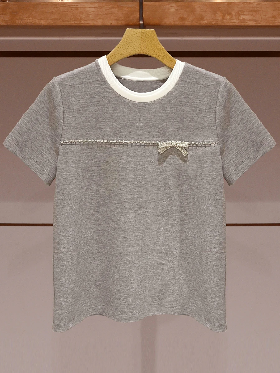 

Slim Fit Women's T-irt Spring 2025 Knot iny round Ne ort Sve ey Top Ele Commute Sle Knitted Casual