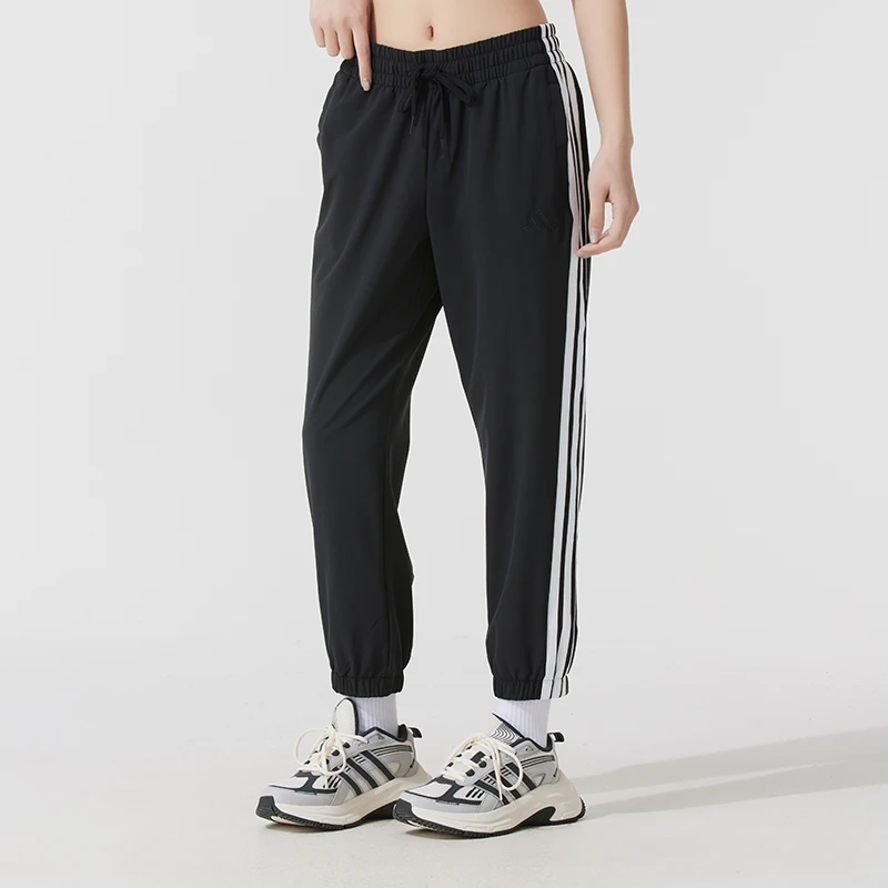 

Женские спортивные брюки Adidas, длинные брюки для фитнеса и тренировок, свободные удобные дышащие брюки для бега, черные повседневные брюки в полоску Jz2173