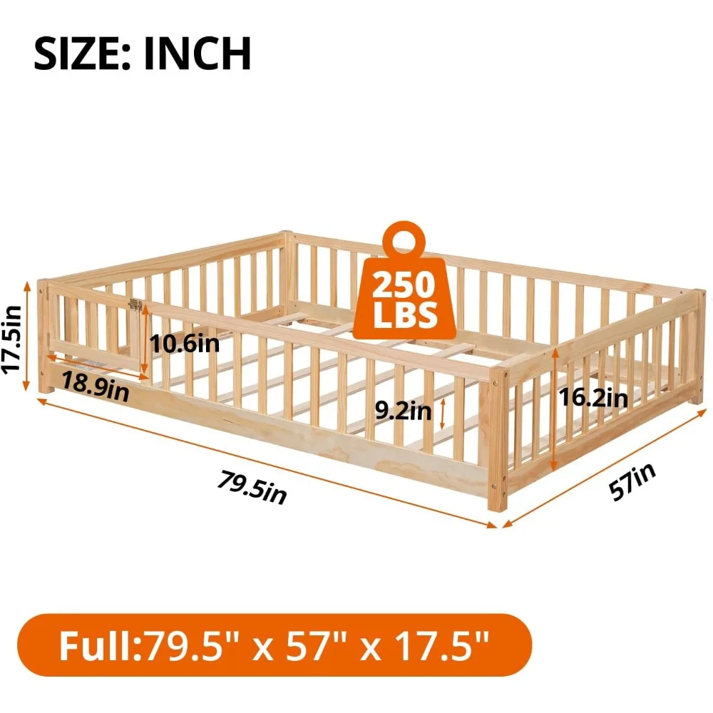 Full floor children's bed, sturdy wooden Montessori bed frame with wooden slats, fence and door, natural color (with bed slats)