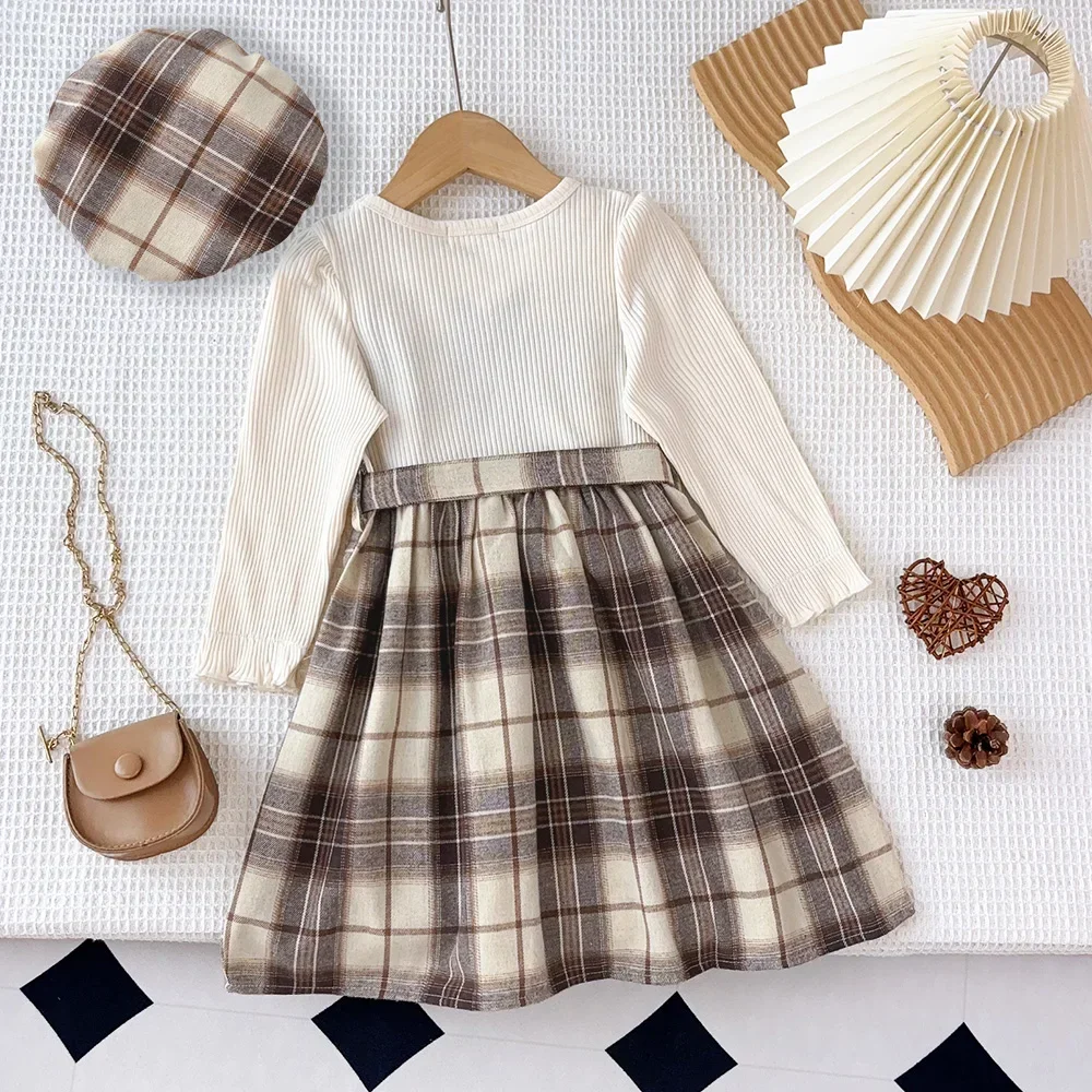 Bear Leader Fashion Splicing Fake Two Girls' Clothing 2026 Autumn Khaki Kids Dresses for Girls Plaid Long Sleeved Dress+ Hat