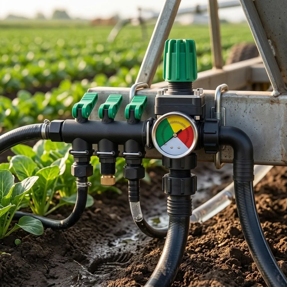 As Shown 3 Way Water Splitter Abs Plastic Construction Individual Shut-off Valves Built-in Pressure Gauge For Garden Hoses
